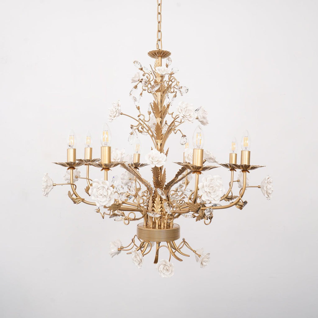Chandelier Ornate Metal Frame Porcelain Roses Crystal Classic Luxury