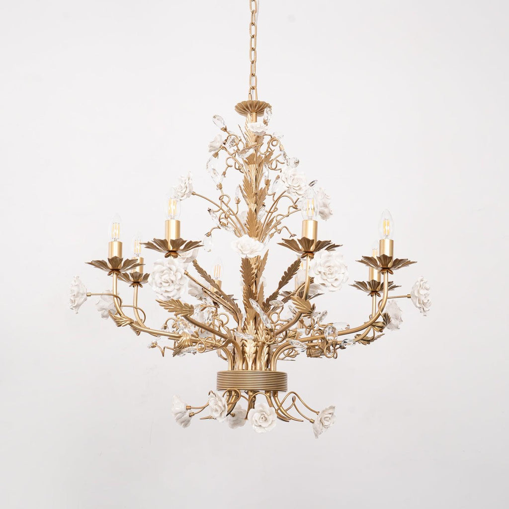 Chandelier Ornate Metal Frame Porcelain Roses Crystal Classic Luxury