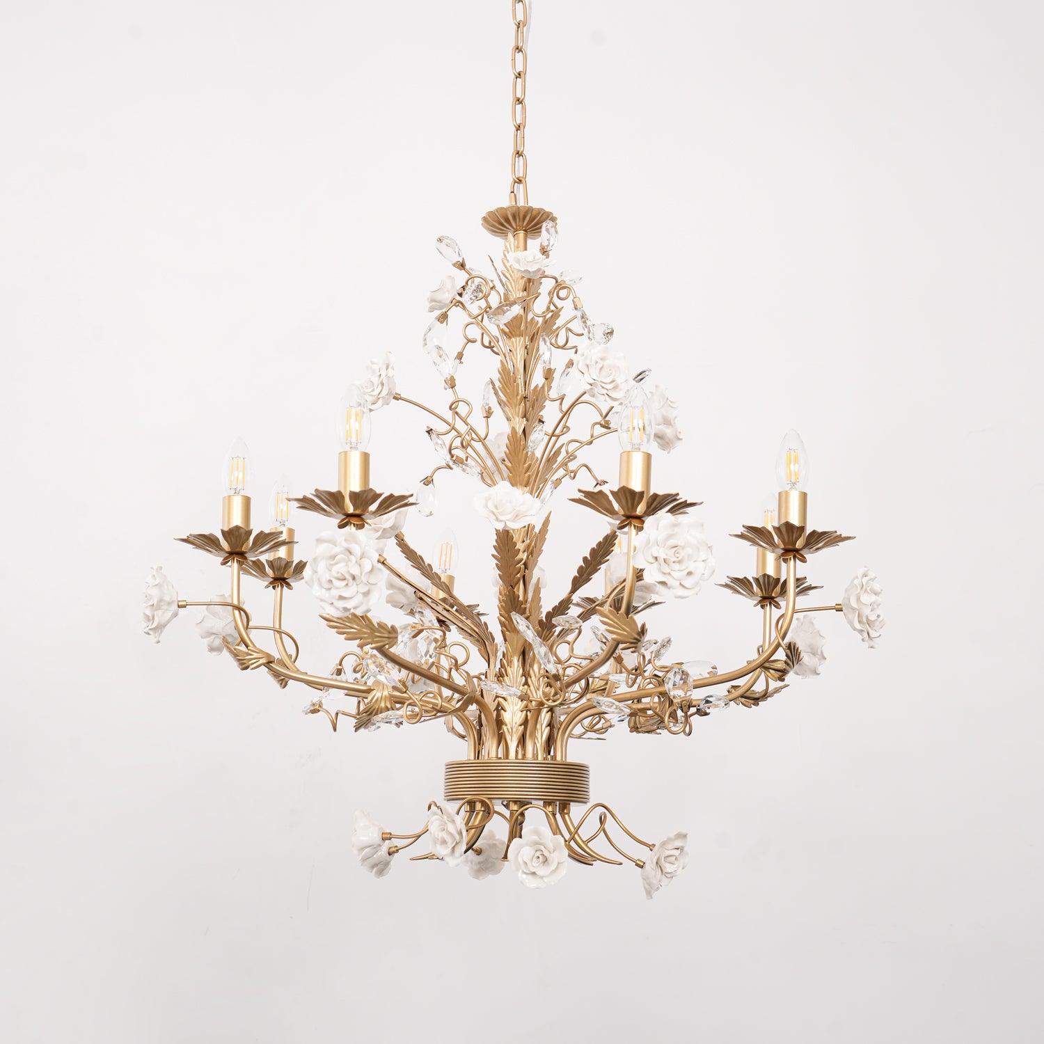 Chandelier Ornate Metal Frame Porcelain Roses Crystal Classic Luxury