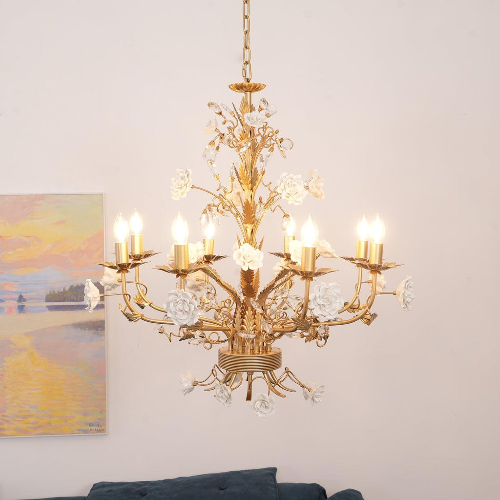 Chandelier Ornate Metal Frame Porcelain Roses Crystal Classic Luxury