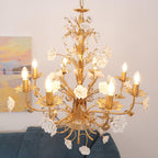 Chandelier Ornate Metal Frame Porcelain Roses Crystal Classic Luxury