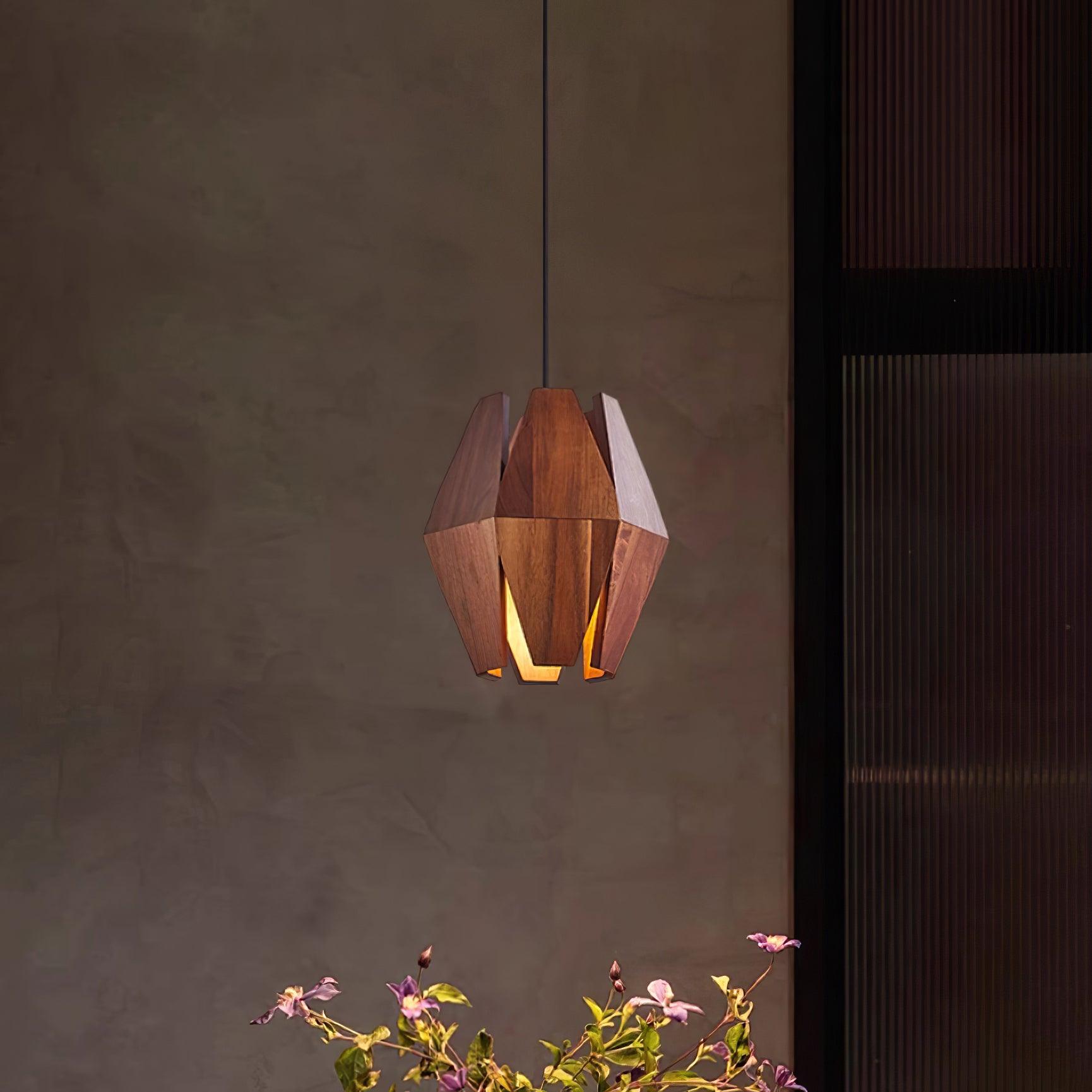 Pendant Lamp Geometric Wood Shade Warm Glow Nordic Minimalist Accent