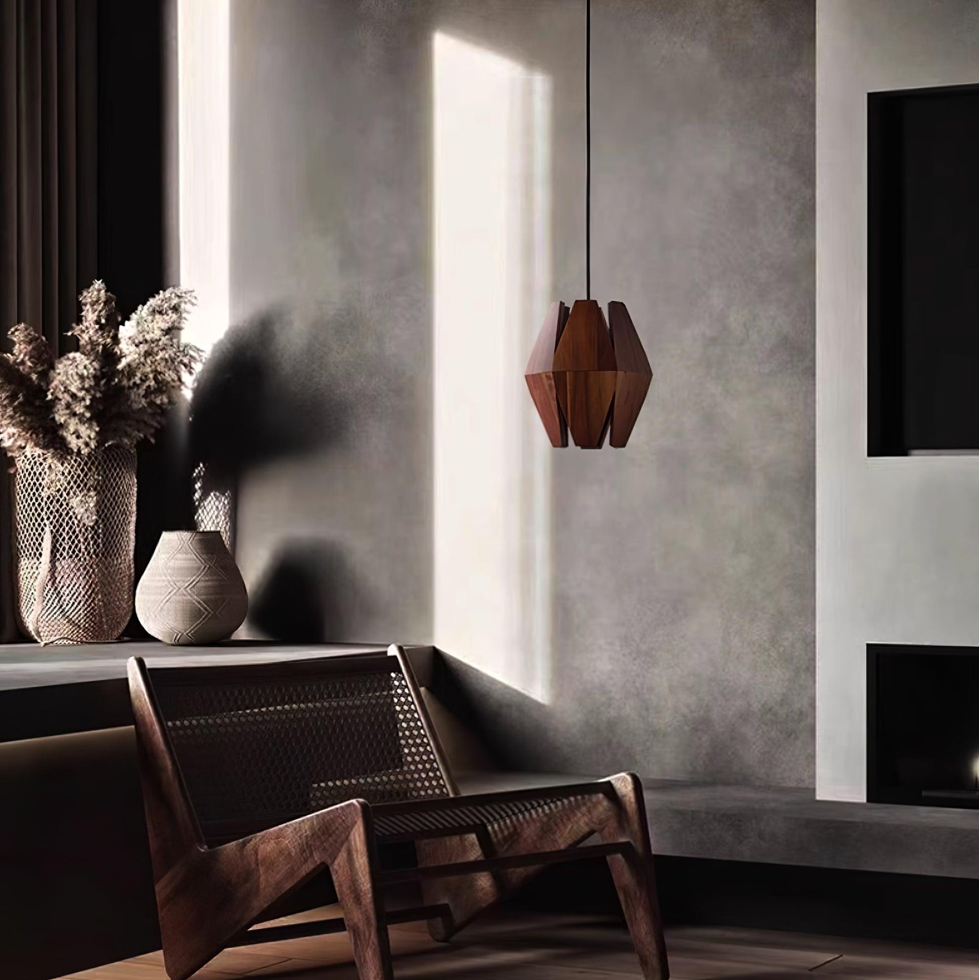 Pendant Lamp Geometric Wood Shade Warm Glow Nordic Minimalist Accent