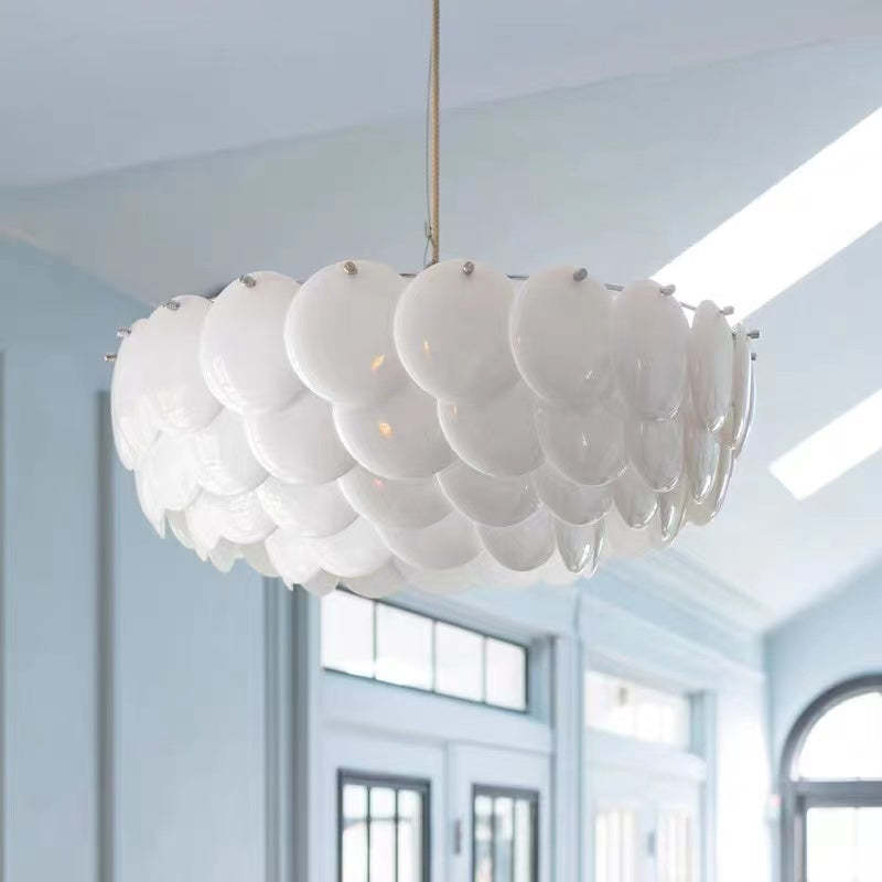 Arisha Wihte Art Deco Chandelier Light Fixture, Ceramic Leaf & Metal