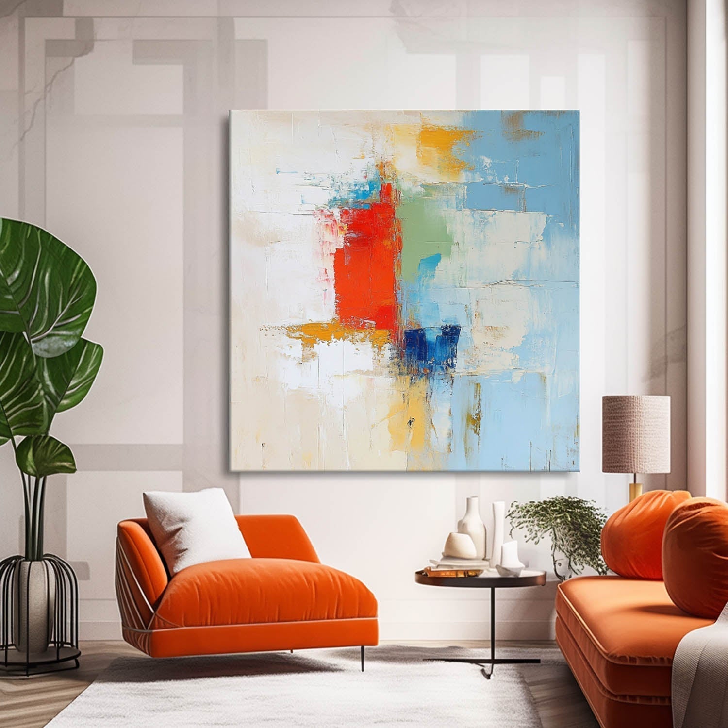 Soft Abstract Color Block Oil Painting Red Blue
