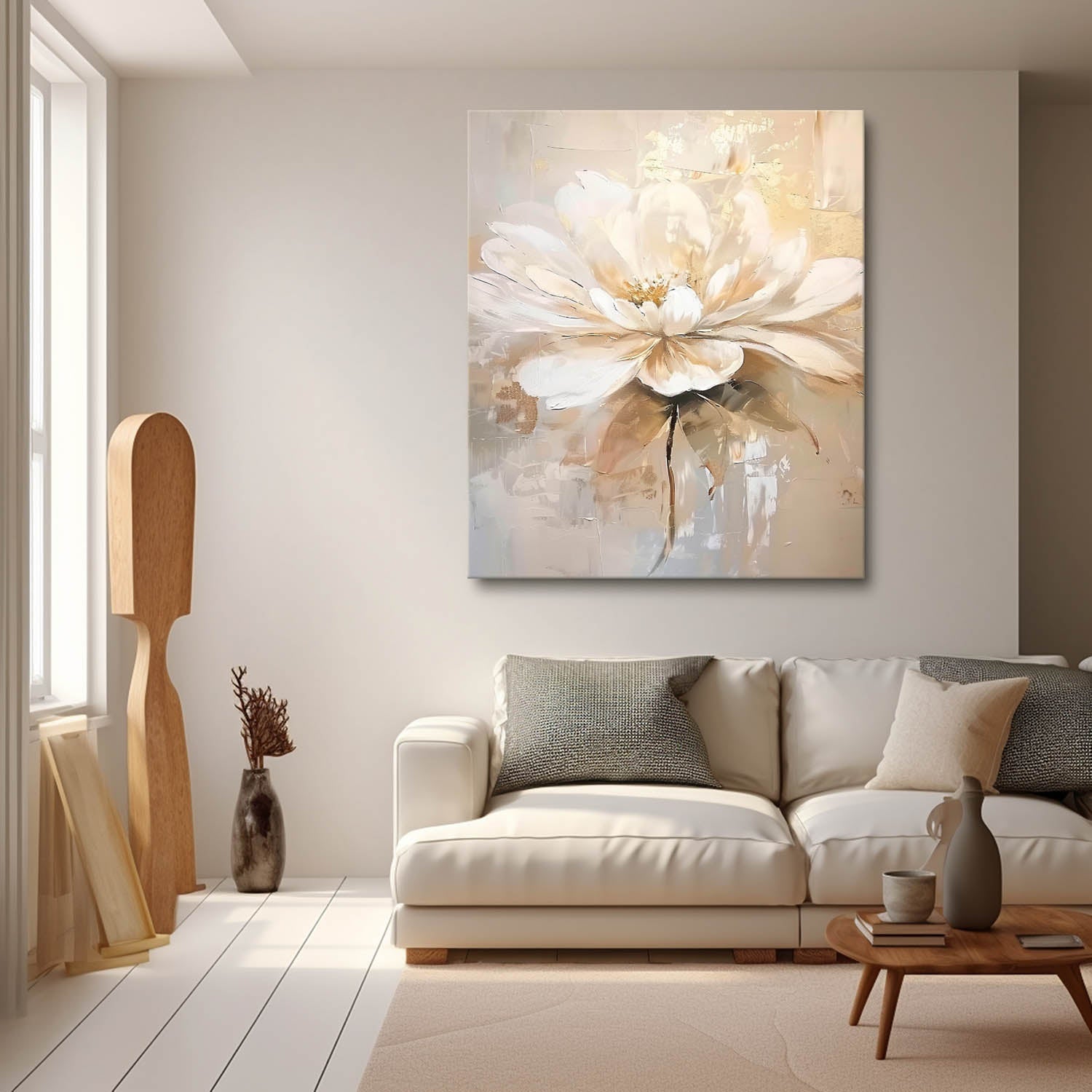 Elegant Neutral Floral Oil Painting Gold Accent