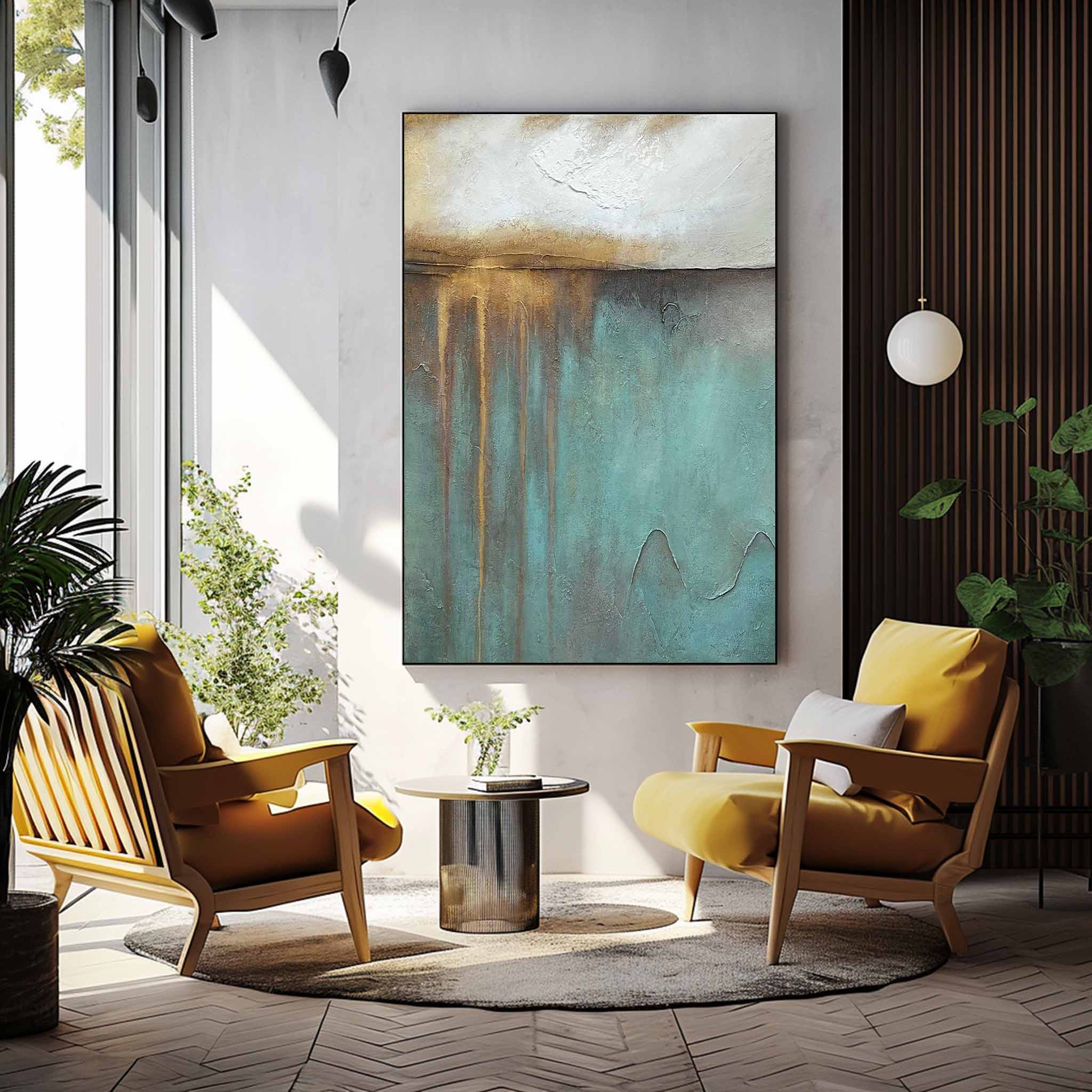 Wabi-Sabi Textured Abstract Painting Teal & Gold