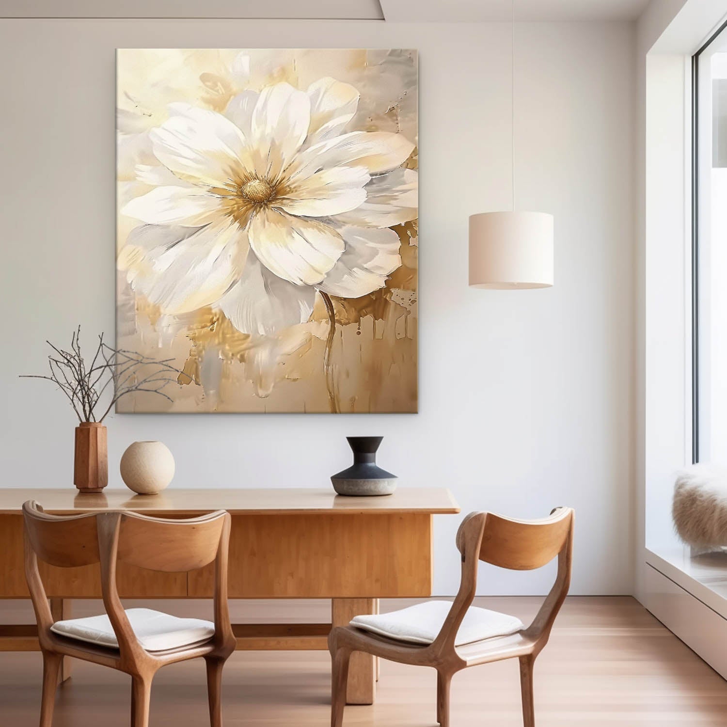 Luxury Neutral Floral Oil Painting Gold Accent