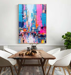 Impasto Cityscape Painting Vibrant Pink & Blue Wall Art
