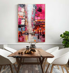 Impasto Cityscape Painting Vibrant Pink Orange