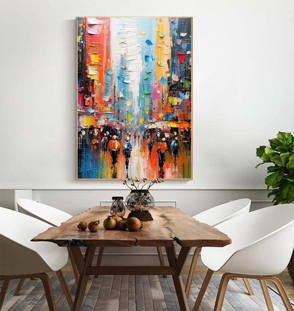 Impasto Cityscape Painting Vibrant Rainbow
