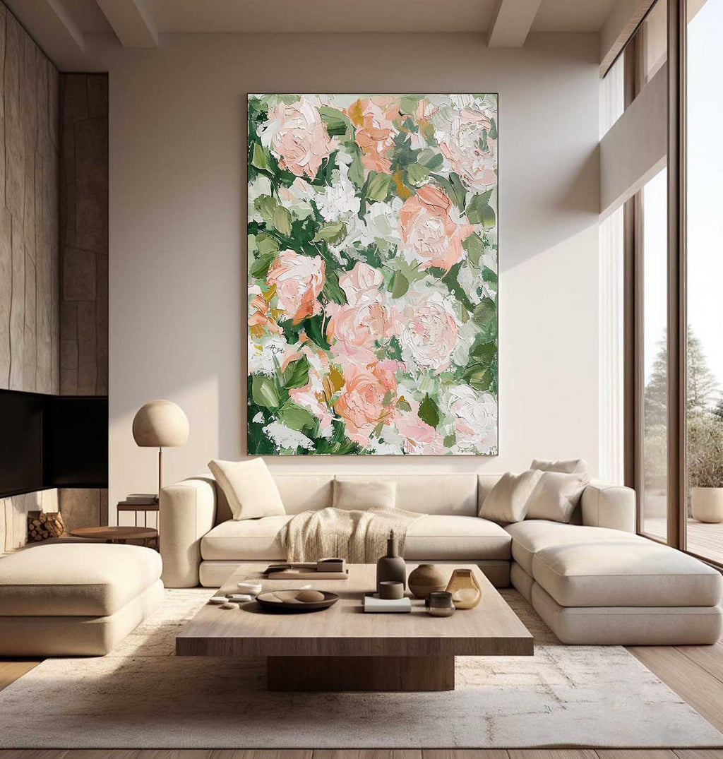 Textured Pink Rose Oil Painting Layered Blooms Romantic