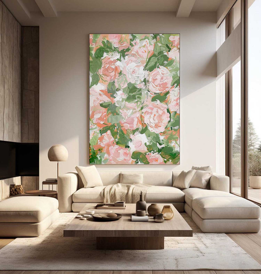 Textured Pink Floral Oil Painting Peony Blooms