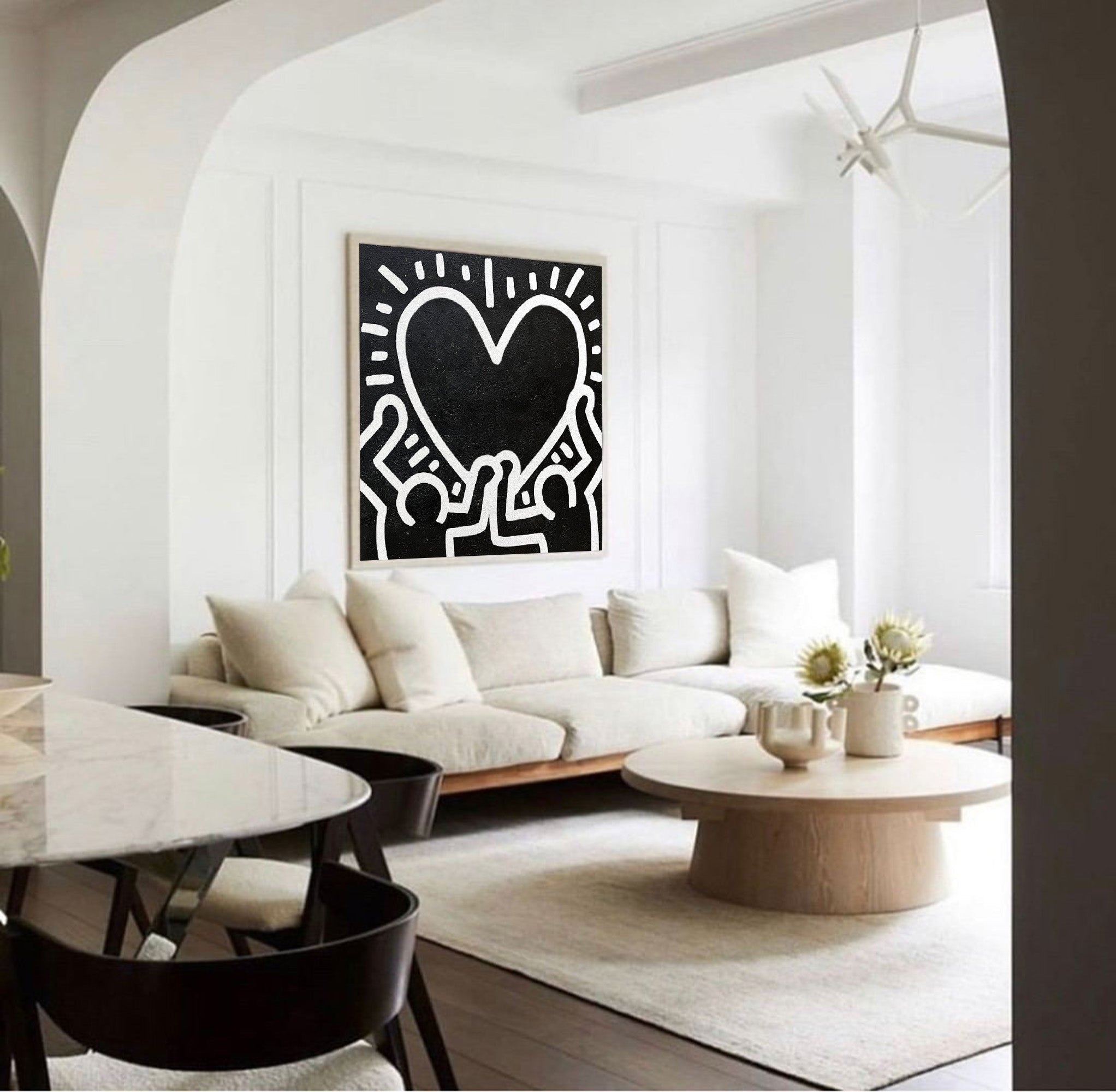 Keith Haring Style Black White Heart Hands Abstract Art