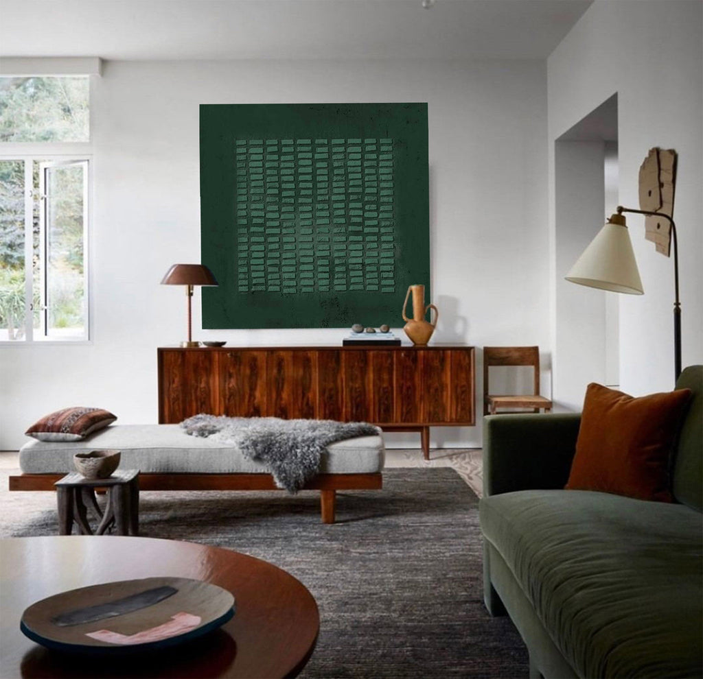 Wabi-Sabi Wall Art Dark Green Textured Grid Abstract Painting