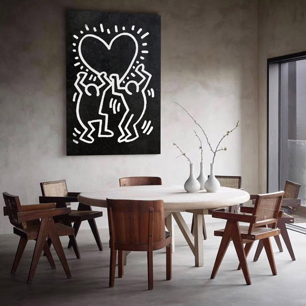 Keith Haring Style Black White Heart Figures Art