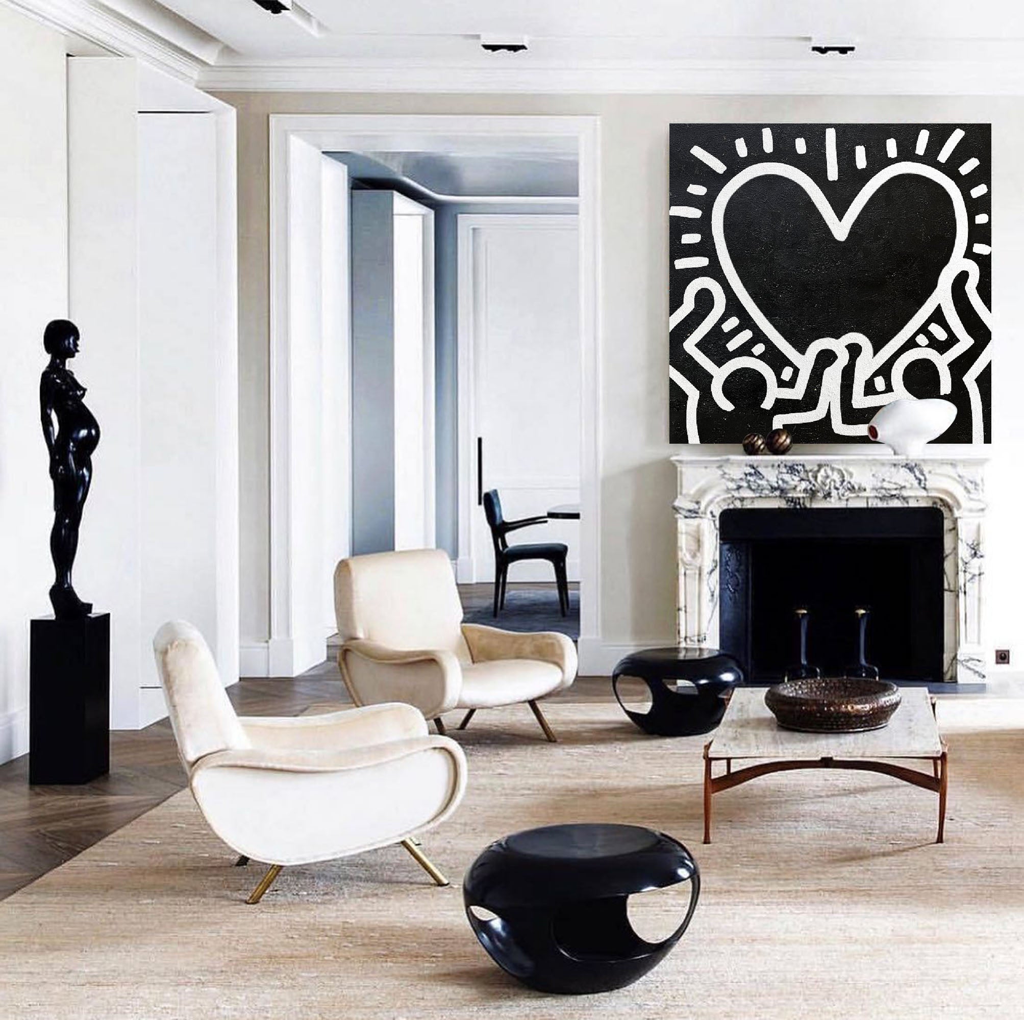 Keith Haring Style Black White Heart Hands Abstract Art