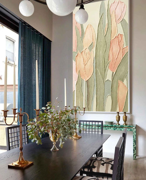 3D Impasto Tulip Field Soft Pink Modern Wall Art