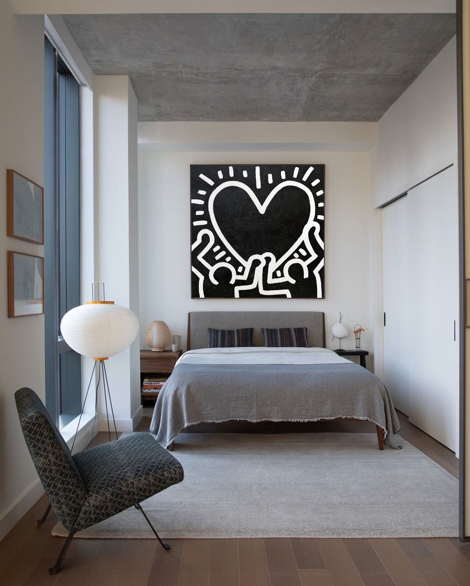 Keith Haring Style Black White Heart Hands Abstract Art