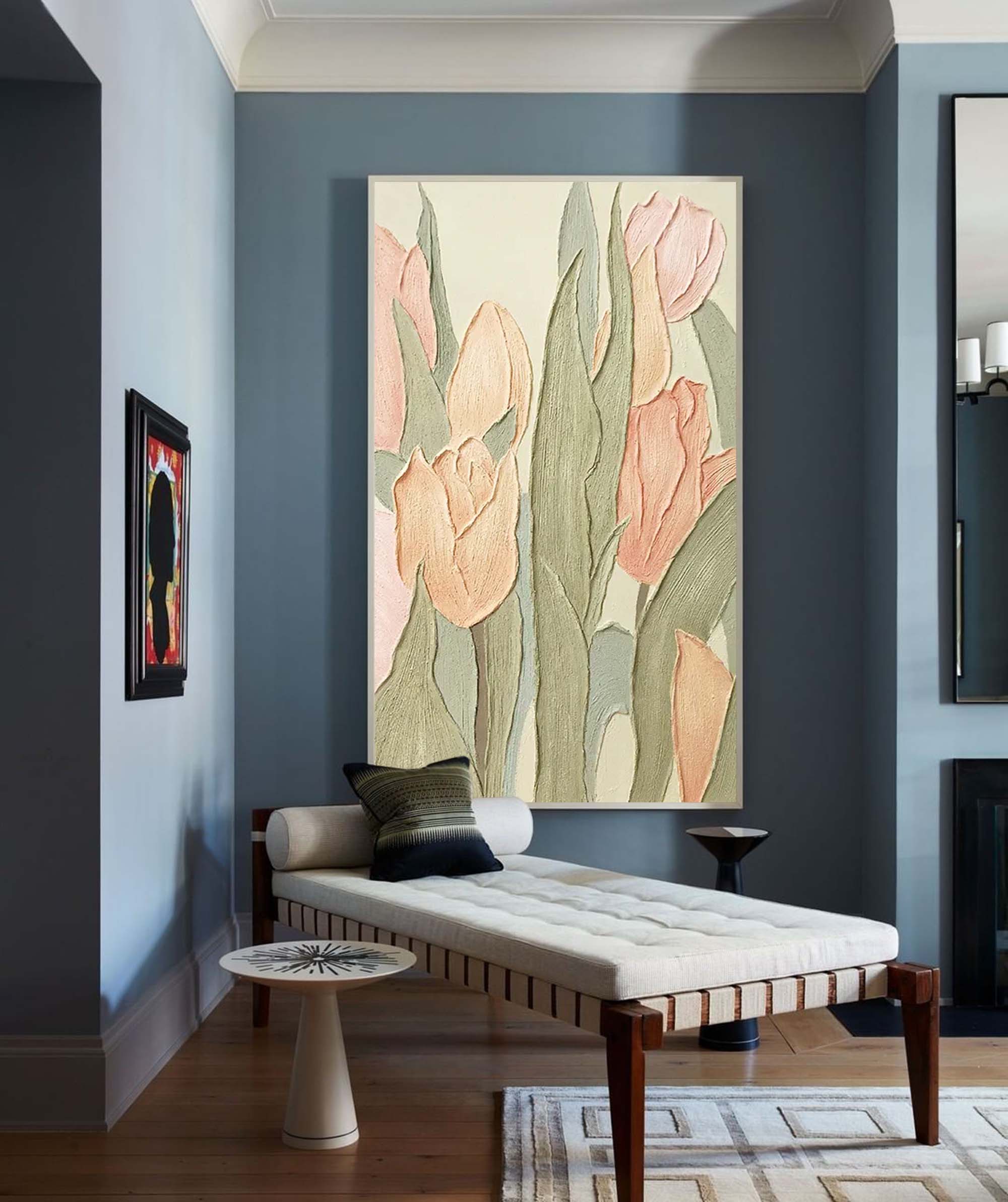 3D Impasto Tulip Field Soft Pink Modern Wall Art