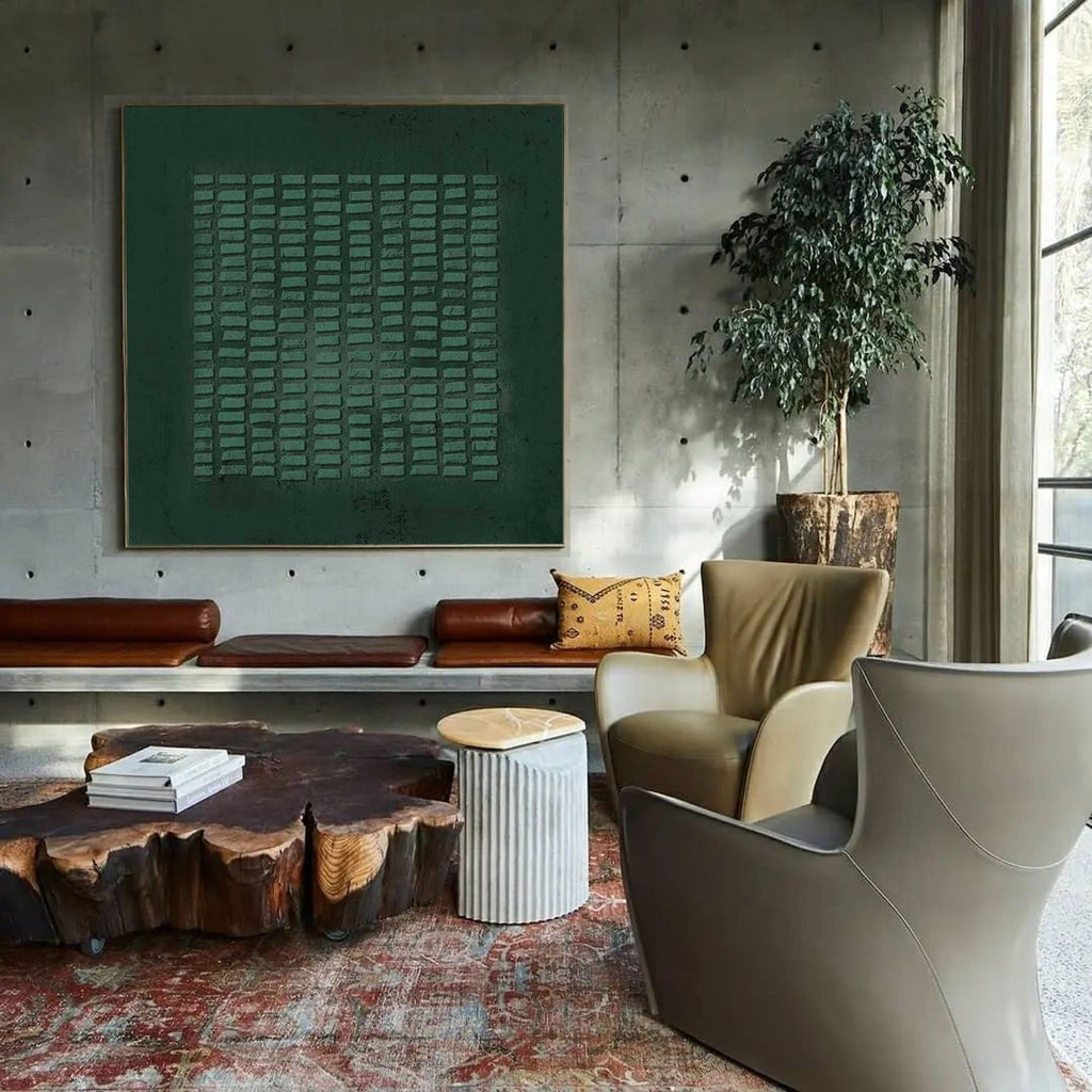 Wabi-Sabi Wall Art Dark Green Textured Grid Abstract Painting