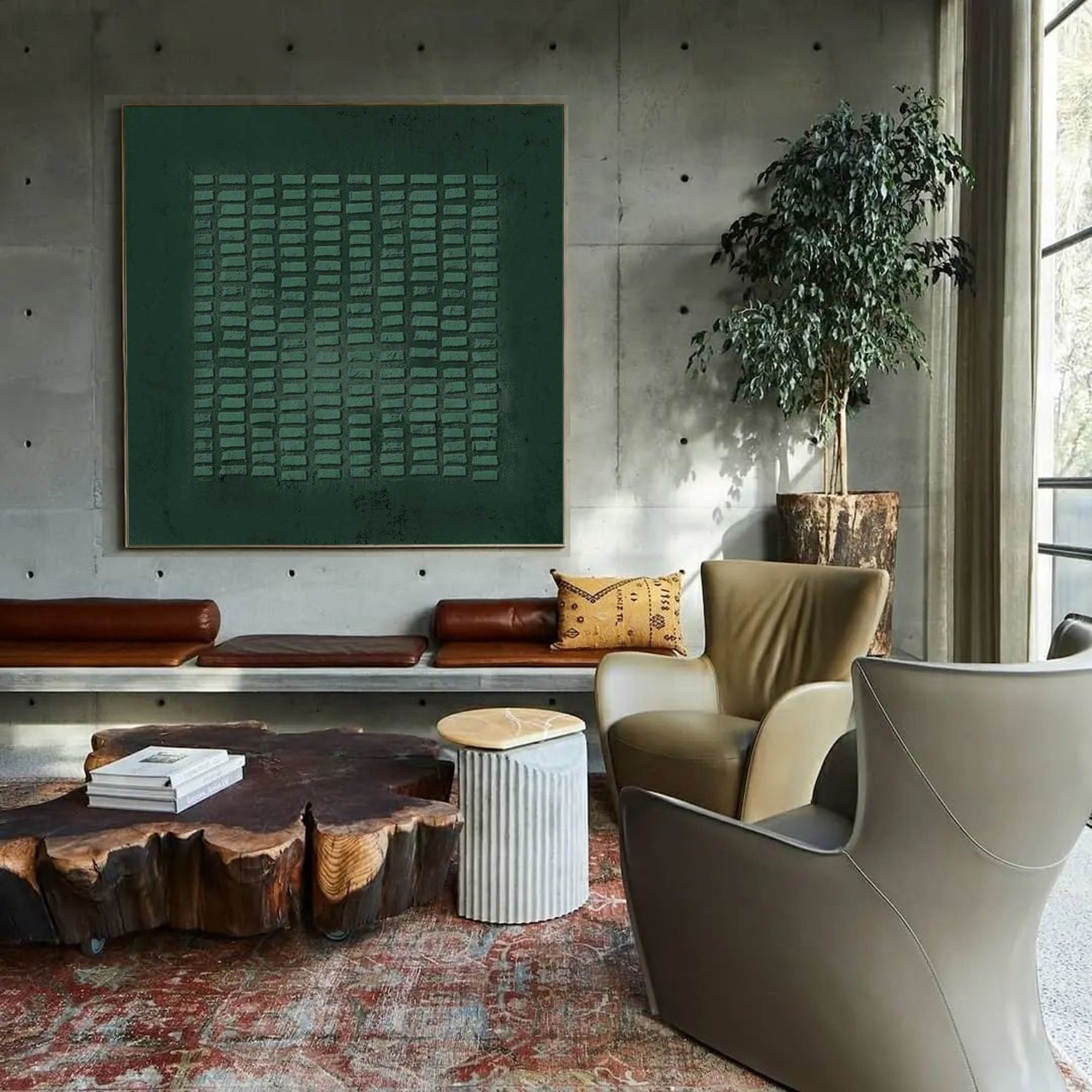 Wabi-Sabi Wall Art Dark Green Textured Grid Abstract Painting