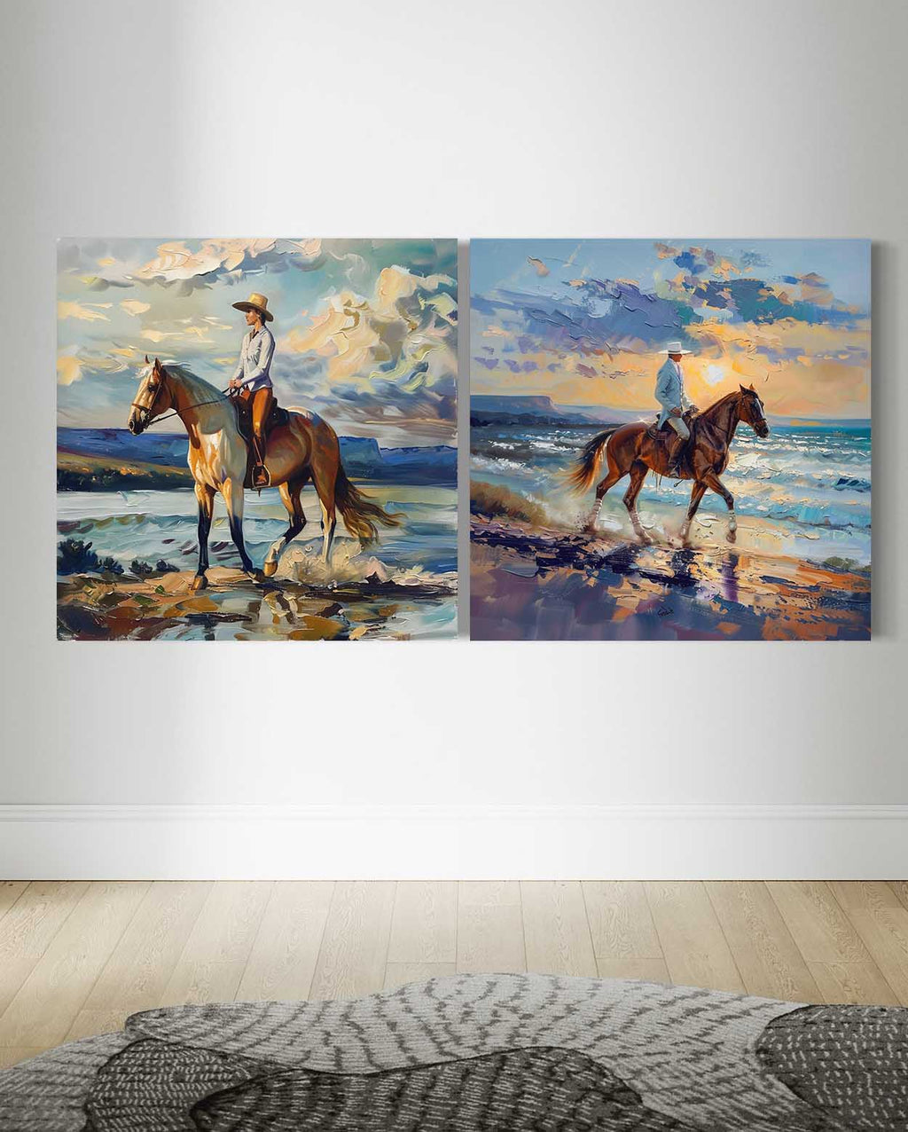 Dual Equestrian Coastal Diptych Vibrant Impasto