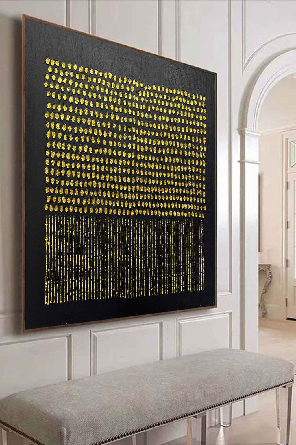 Tactile Gold Dot & Line Oil Painting Black Background
