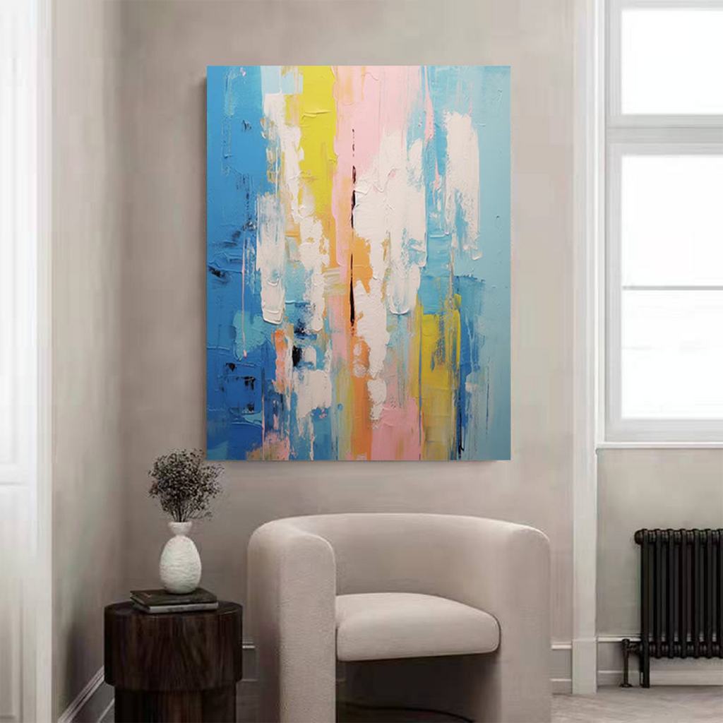 Impasto Vertical Abstract Painting Blue And Pink