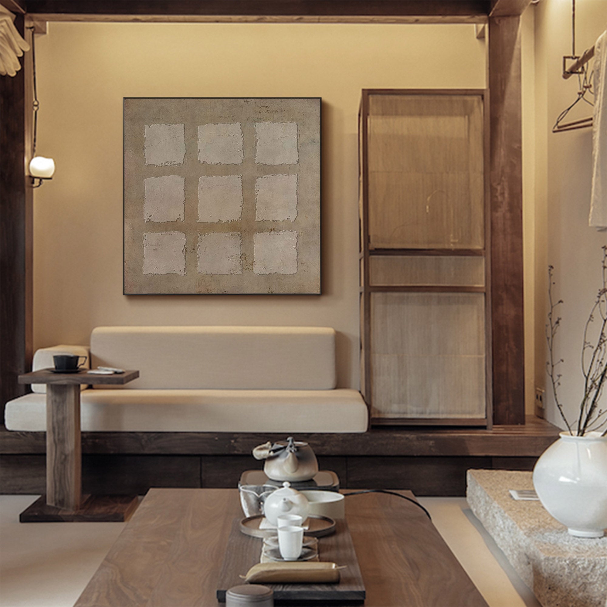 Wabi-Sabi Wall Art Minimalist Grid Texture Painting