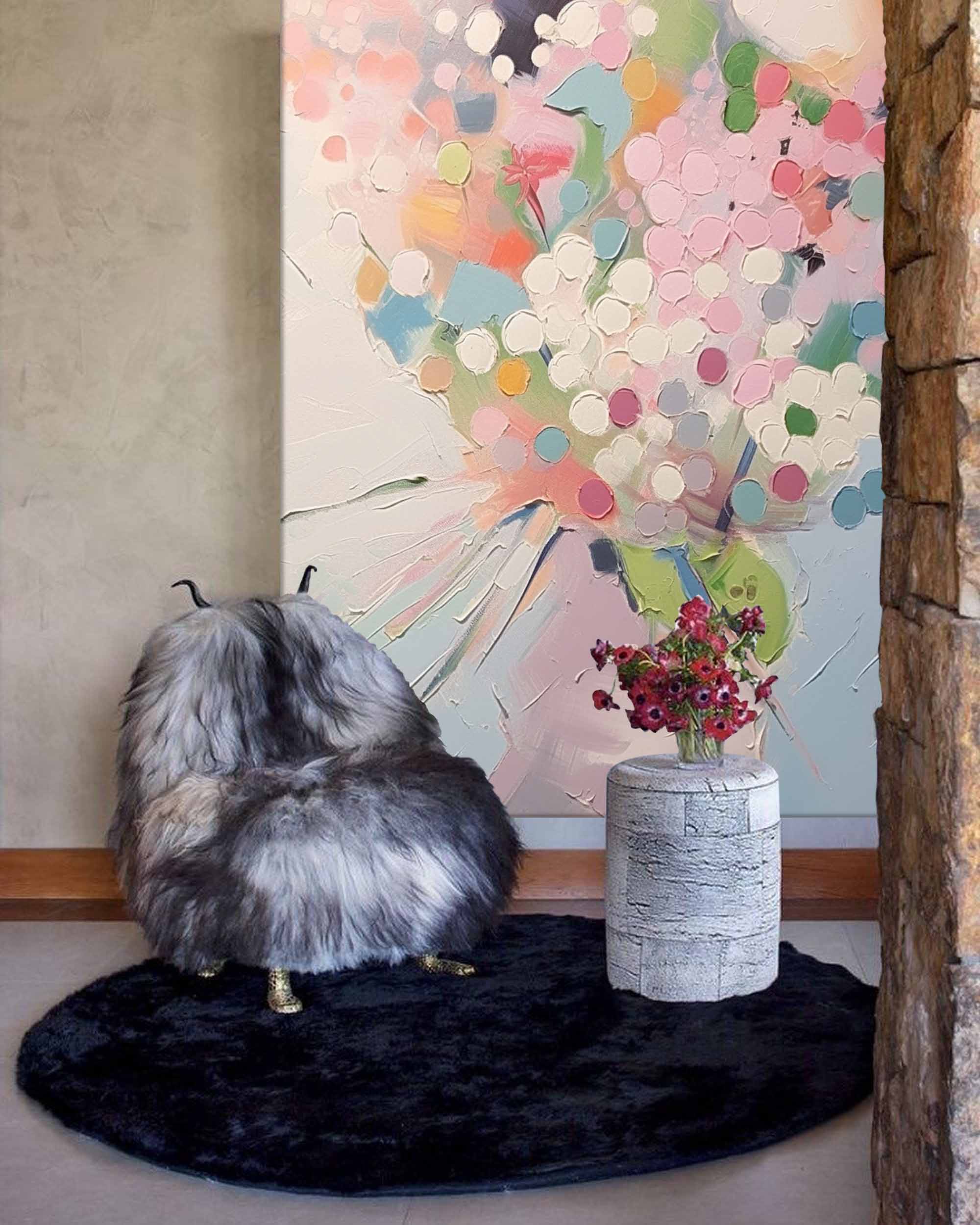 Impasto Textured Floral Vase Painting Soft Pink Wall Art