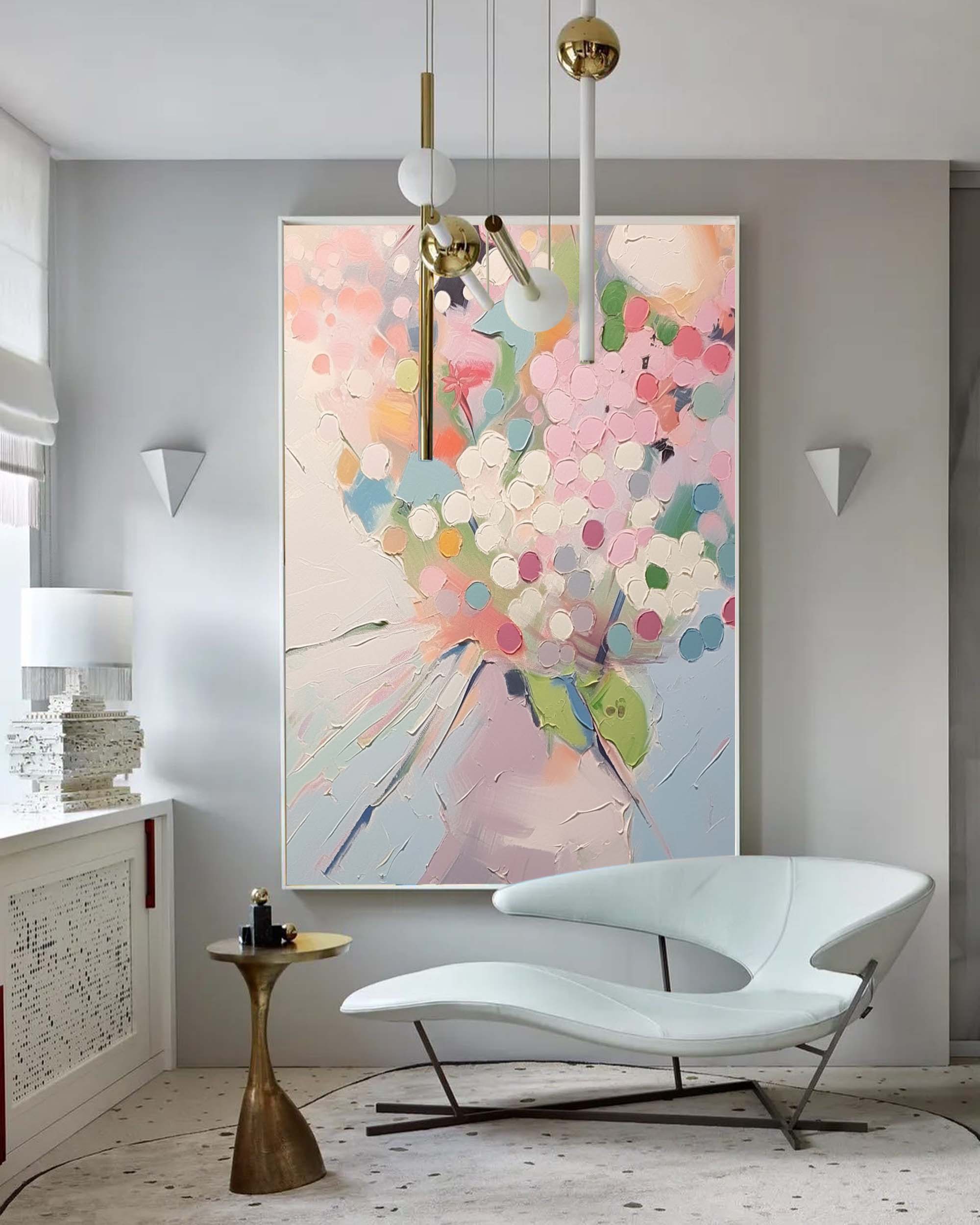 Impasto Textured Floral Vase Painting Soft Pink Wall Art