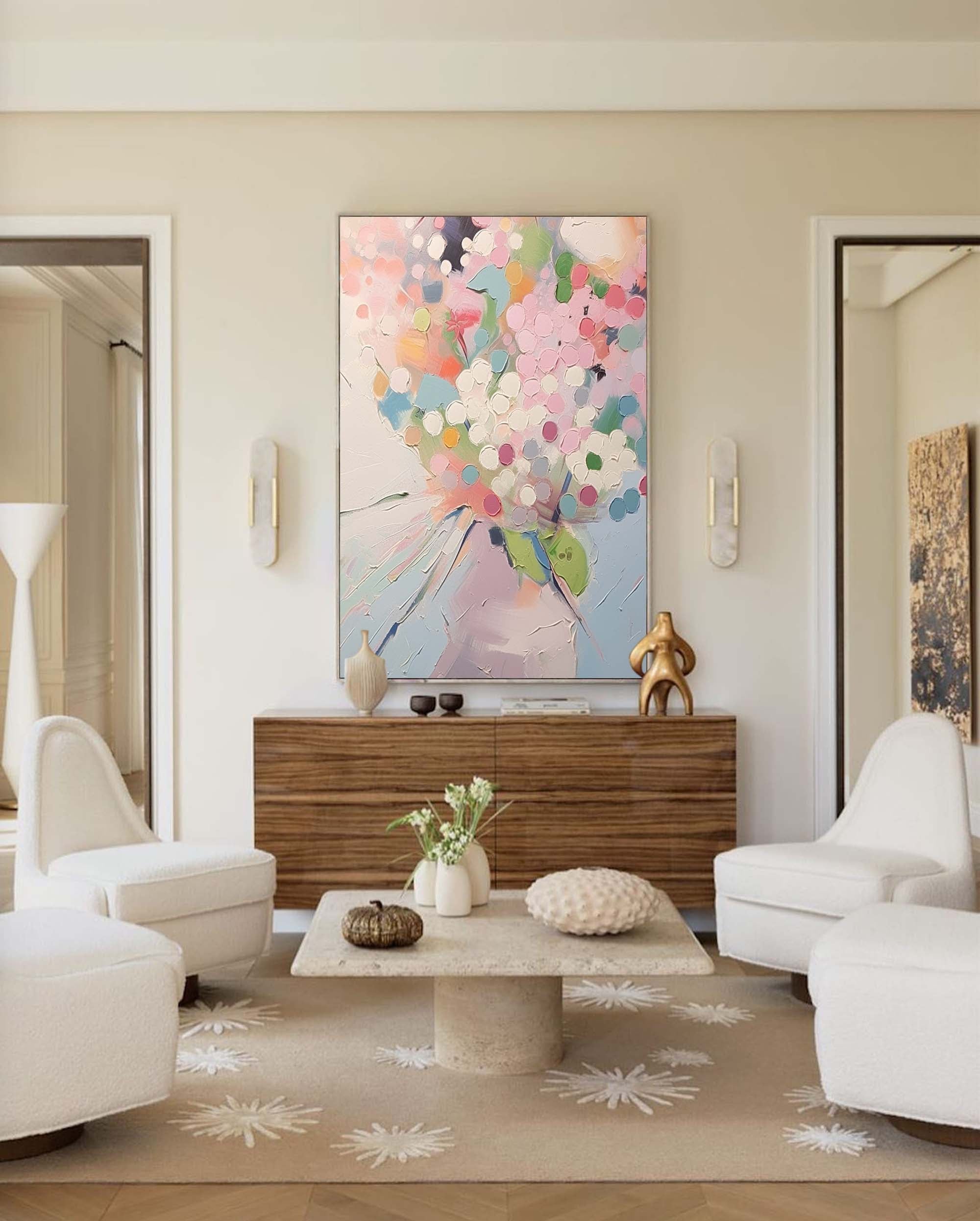 Impasto Textured Floral Vase Painting Soft Pink Wall Art