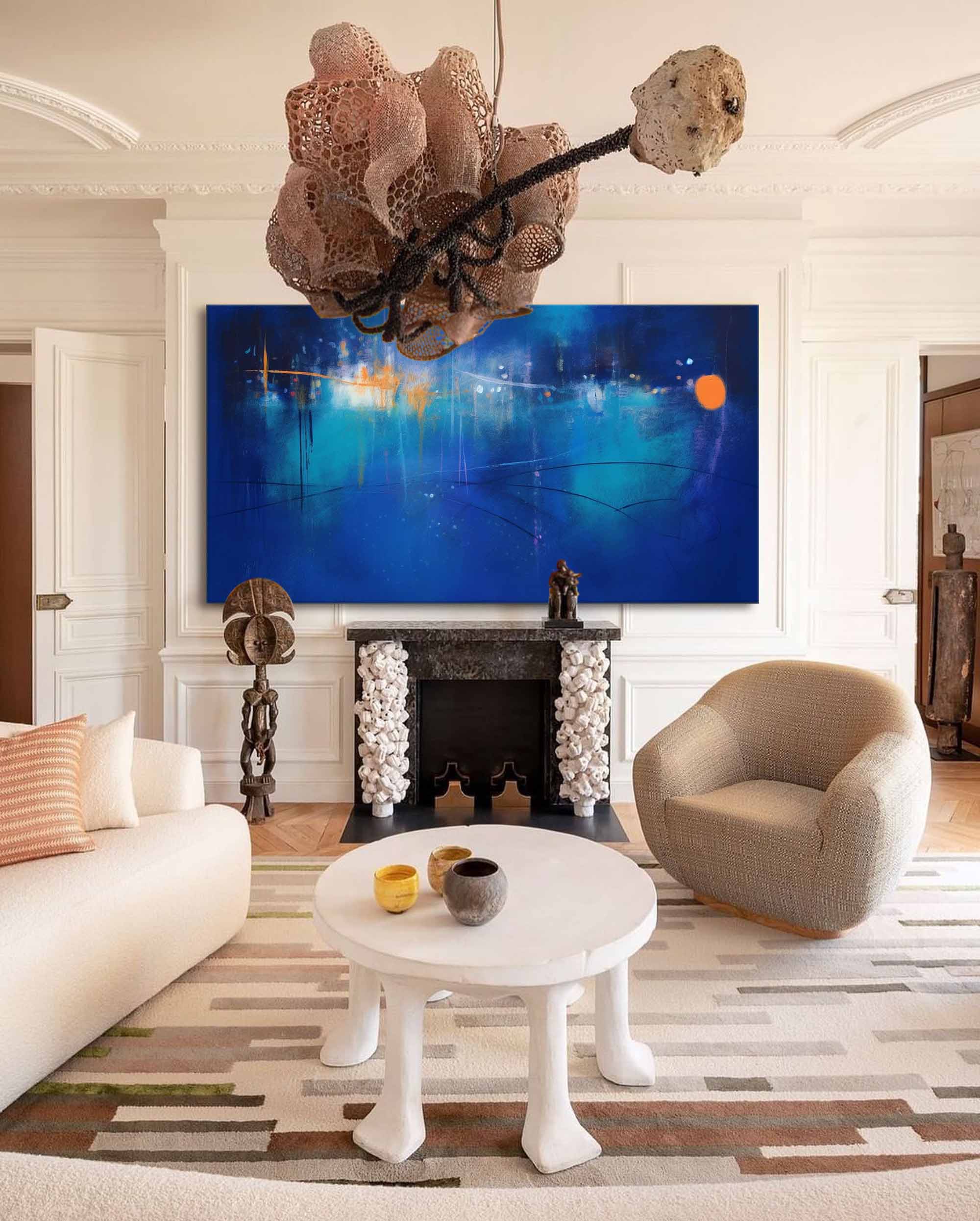 Expressionist Panoramic City Painting Deep Blue Modern