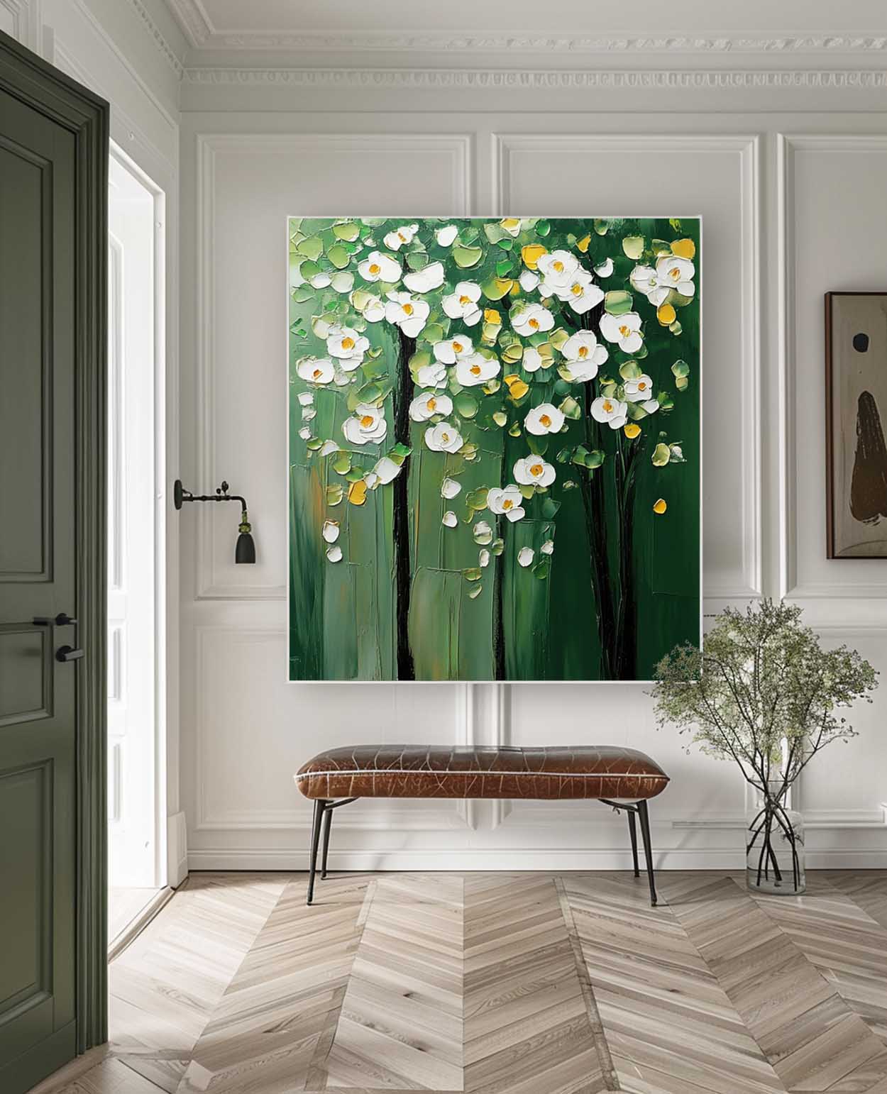 Textured Floral Tree Oil Painting White Flowers Green