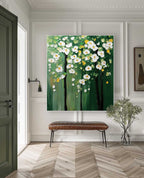Textured Floral Tree Oil Painting White Flowers Green