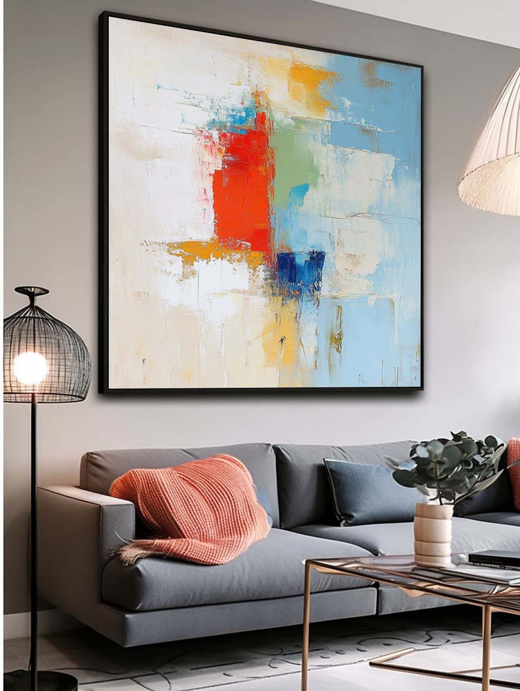 Soft Abstract Color Block Oil Painting Red Blue