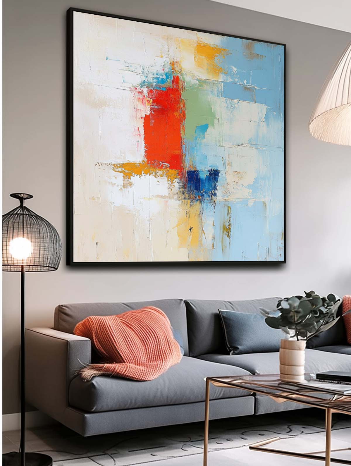 Soft Abstract Color Block Oil Painting Red Blue
