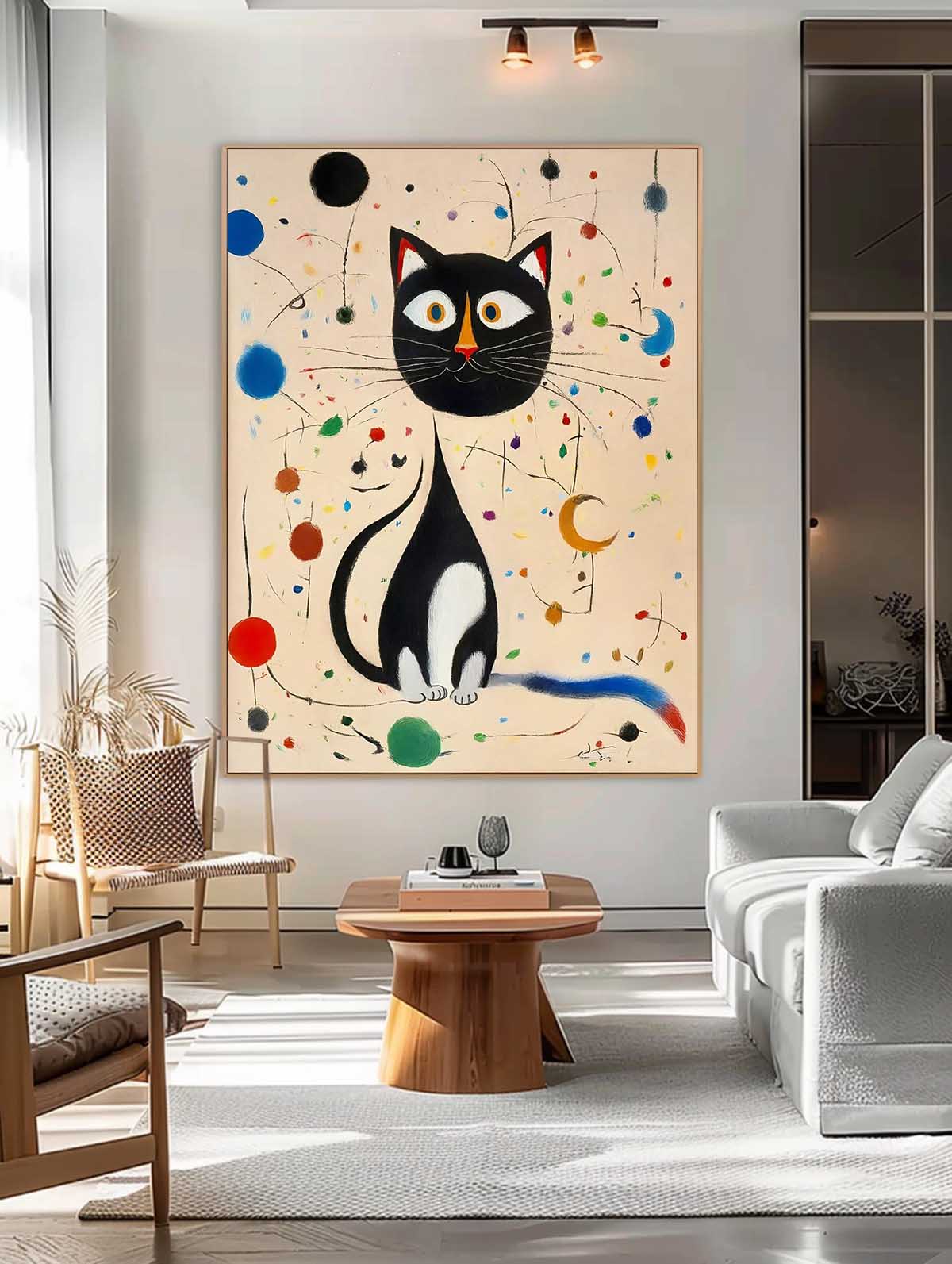Surrealist Cat Painting Playful Black White