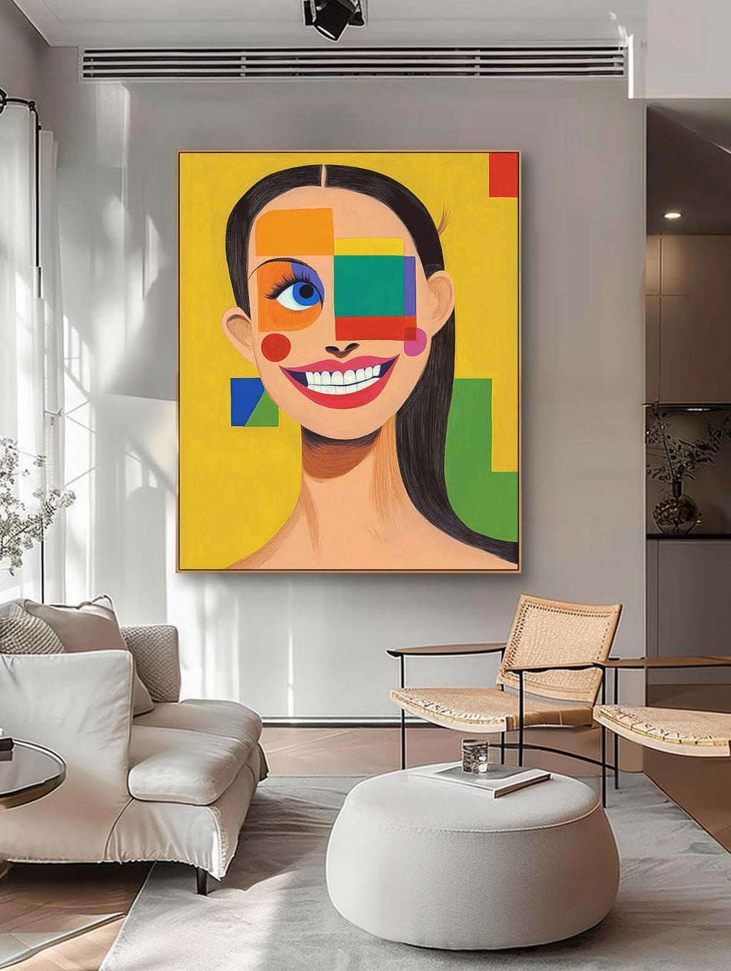 Vibrant Geometric Pop-Art Grin Portrait Oil Painting