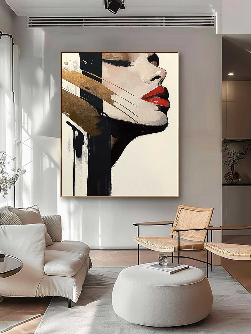 Minimalist Golden Accent Woman Portrait Oil Painting