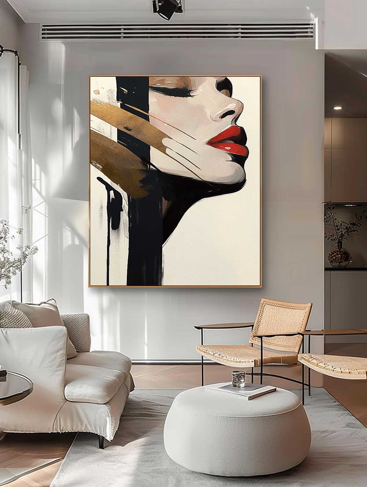 Minimalist Golden Accent Woman Portrait Oil Painting