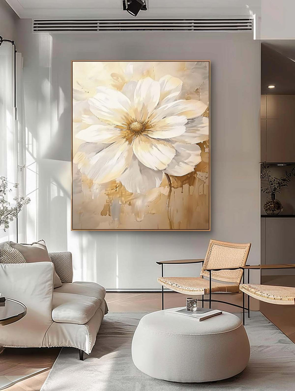 Luxury Neutral Floral Oil Painting Gold Accent