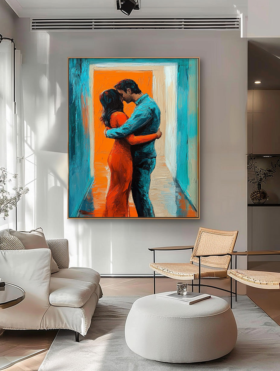 Impressionist Embrace in Doorway Painting Romantic