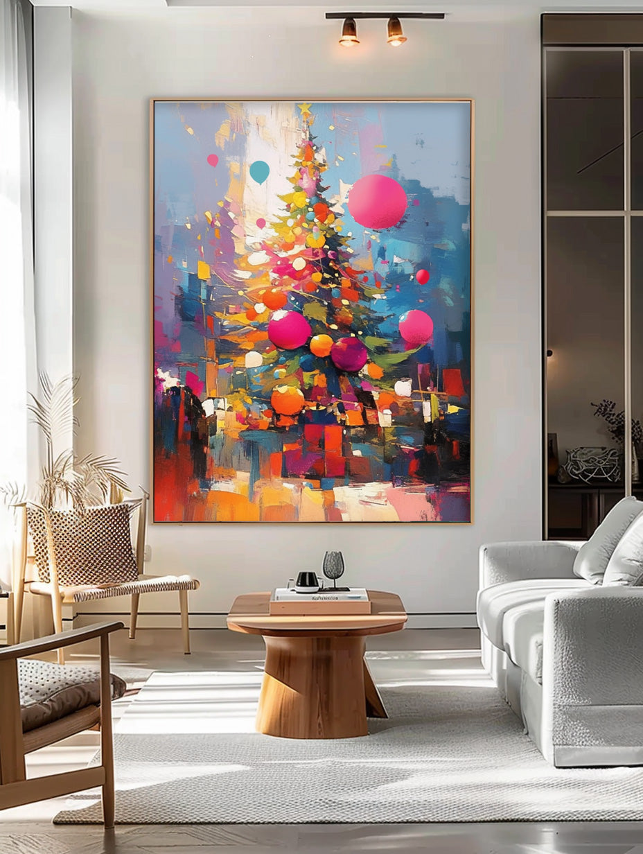 Colorful Christmas Tree Painting Festive Wall Art