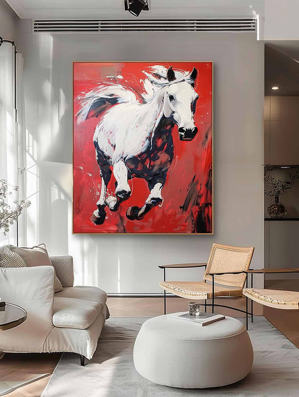 Dynamic White Horse Oil Painting Fiery Red