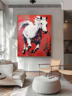 Dynamic White Horse Oil Painting Fiery Red