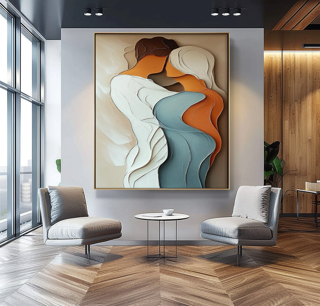 Intimate Couple Embrace Textured Oil Painting
