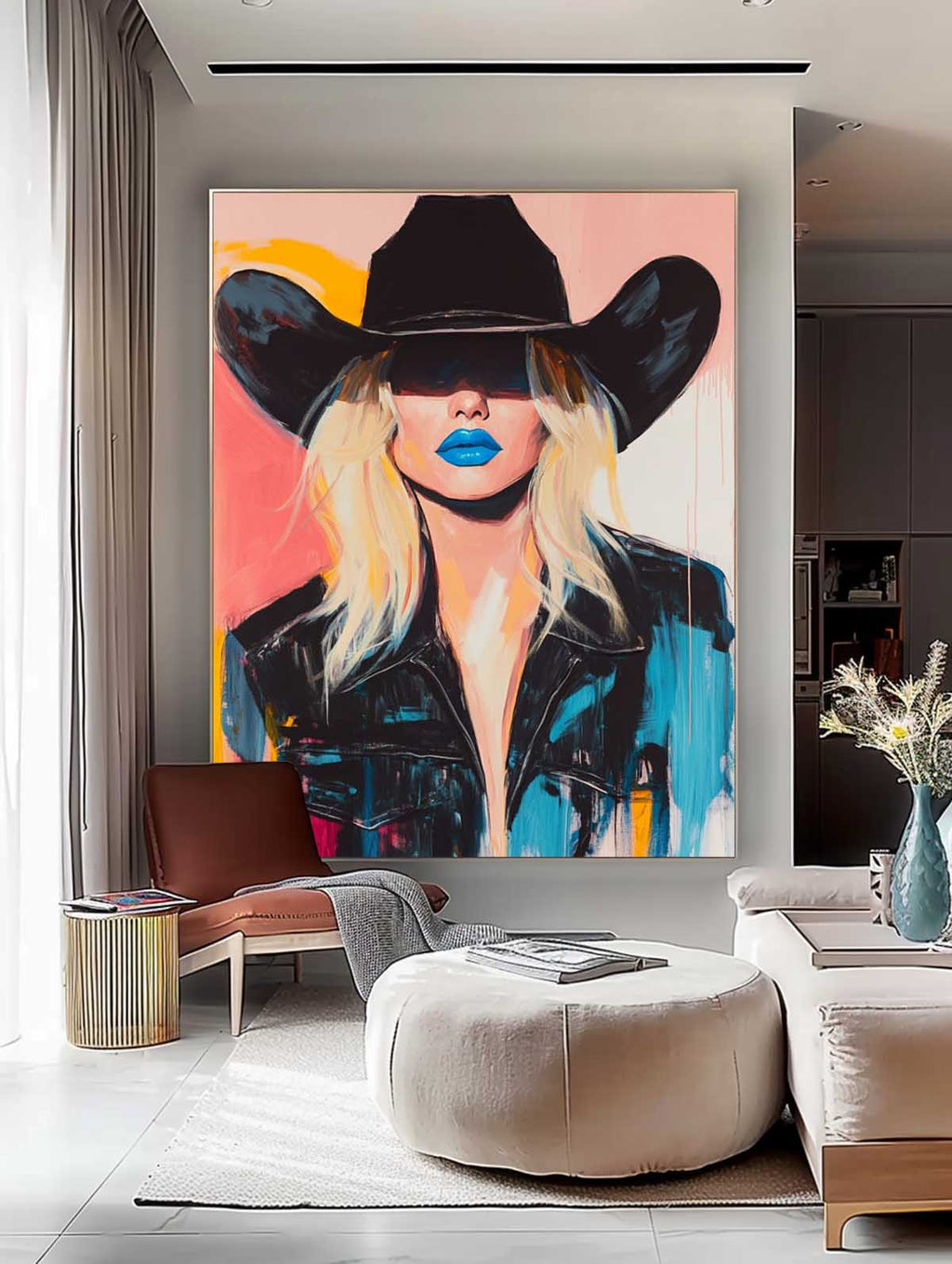 Blue Lip Cowgirl Pop Art Portrait Bold Colorful