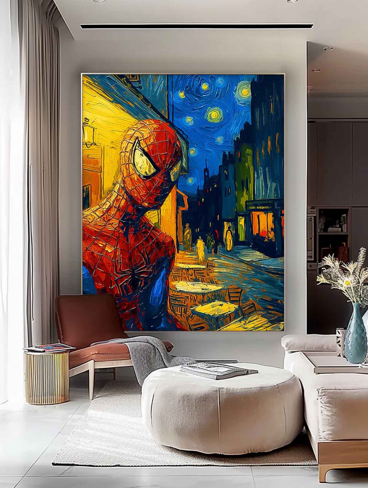 Spiderman In Van Gogh Cafe Terrace At Night